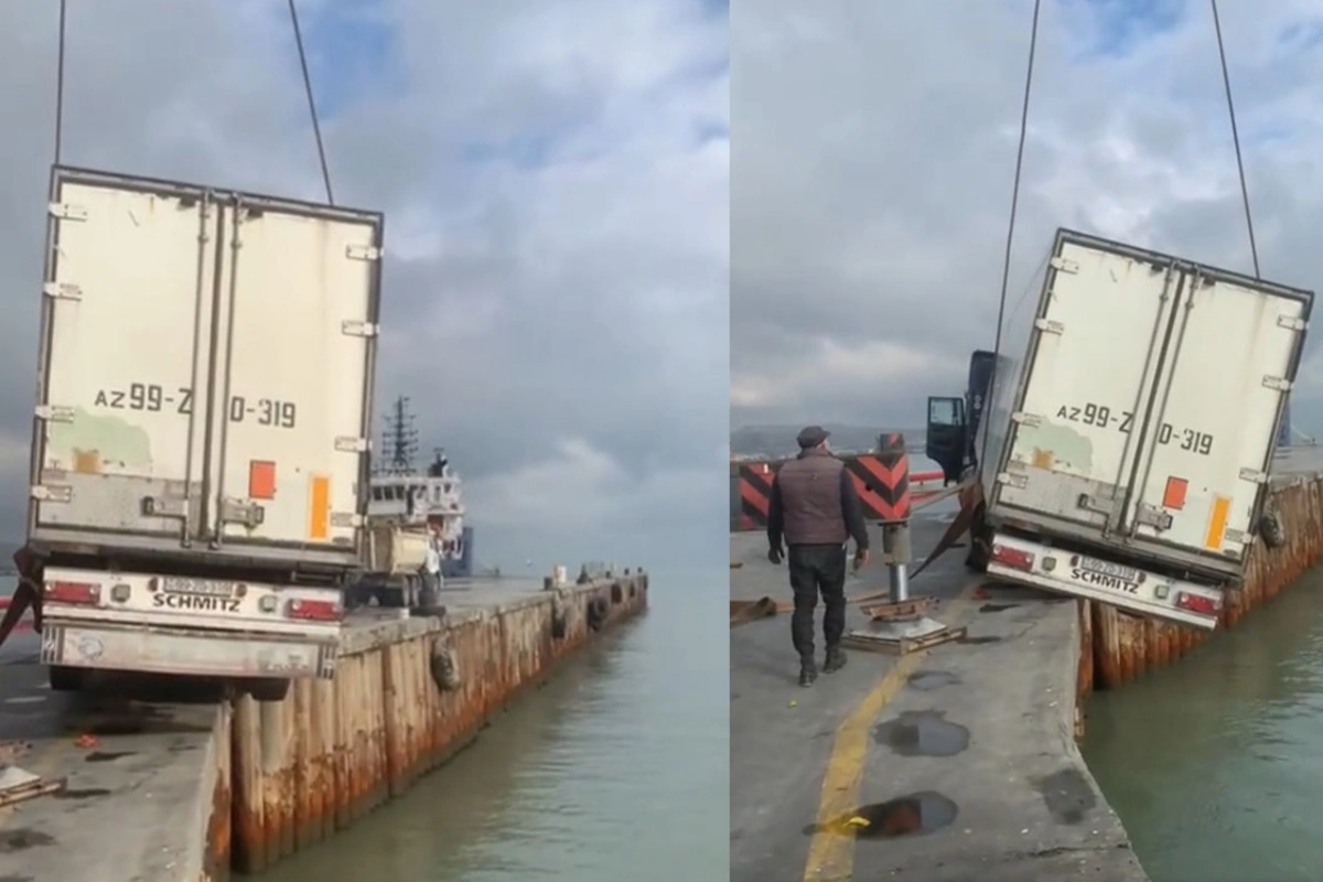 Bakıda TIR dənizə d&uuml;şmək təhl&uuml;kəsi ilə &uuml;zləşdi  VİDEO