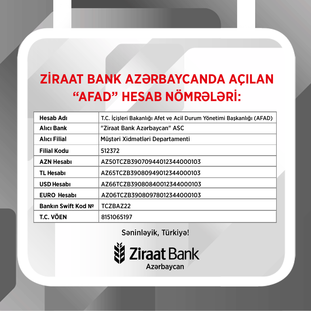 Ziraat Bank Azərbaycanda “AFAD”ın rəsmi hesabları açıldı