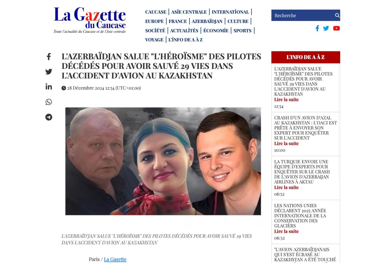 “La Gazette du Caucase” AZAL ekipajının göstərdiyi peşəkarlıq və qəhrəmanlıqdan yazdı