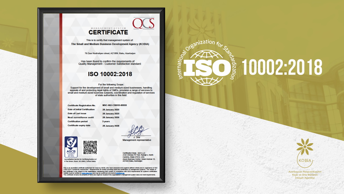 KOBİAya ISO 10002:2018 beynəlxalq standartı üzrə sertifikat təqdim edilib