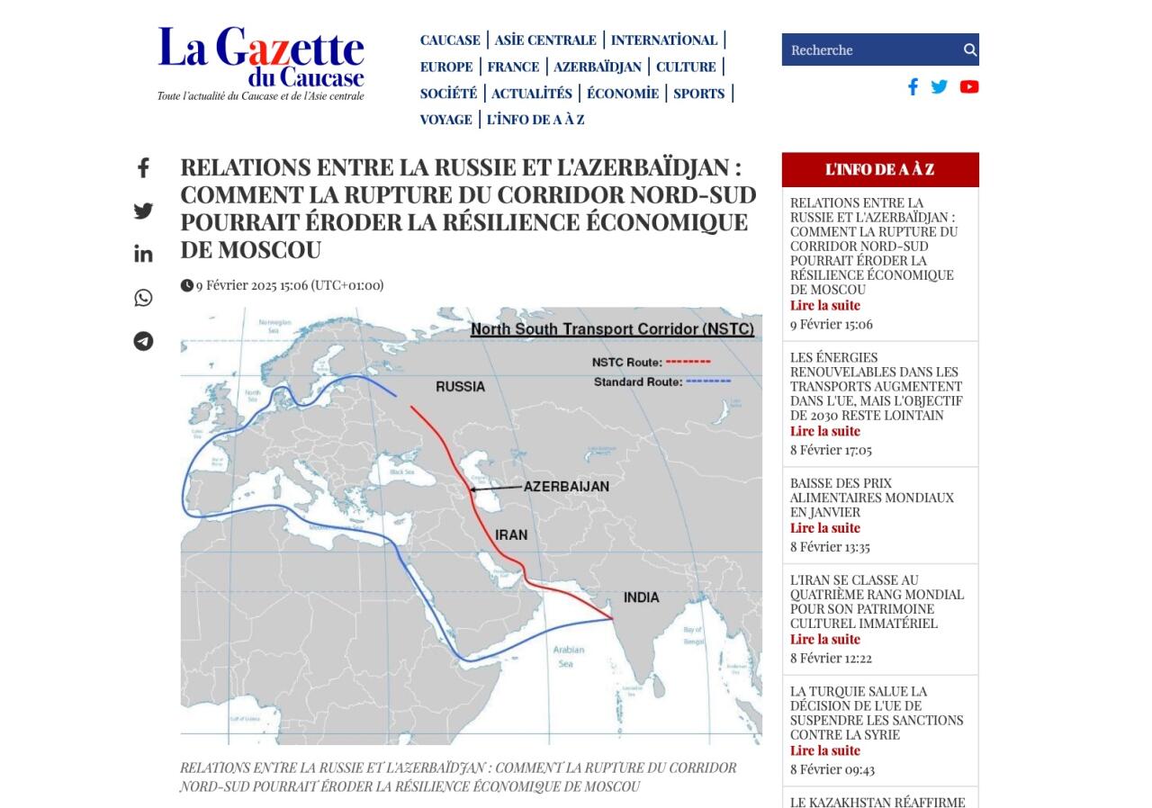 Azərbaycan Rusiya üçün vacib tranzitdir: La Gazette du Caucase ŞimalCənub dəhlizi haqda