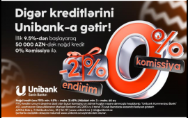 Unibank 0 % komissiyalı və 2 % endirimli kredit kampaniyası keçirir